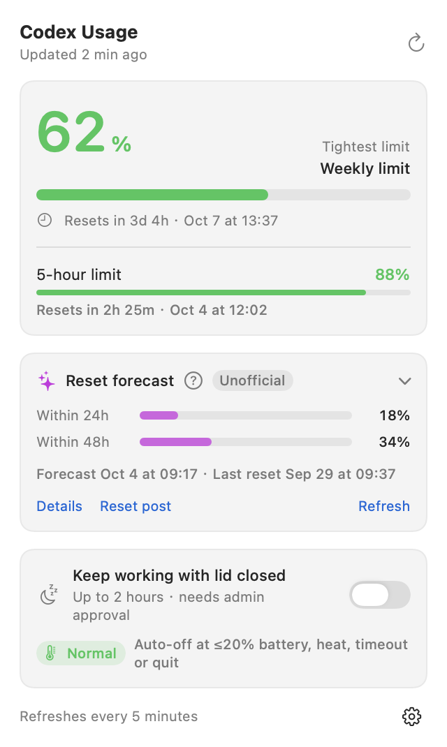 Codex Usage panel screenshot